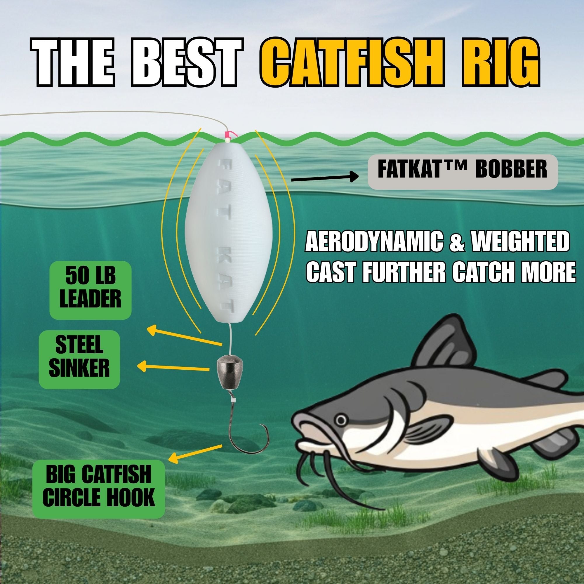 FATKAT bobber rig setup is a sustainable fishing product that improves fishing performance by suspending bait to spread scent, improves vibration dissipation, and makes the bait more visible to attract more channel catfish.