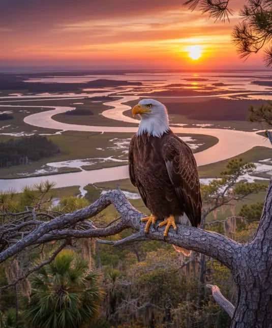 image of American bald eagle overlooking coastal waterways at sunrise.  Eagles are known to ingest poisonous lead weights