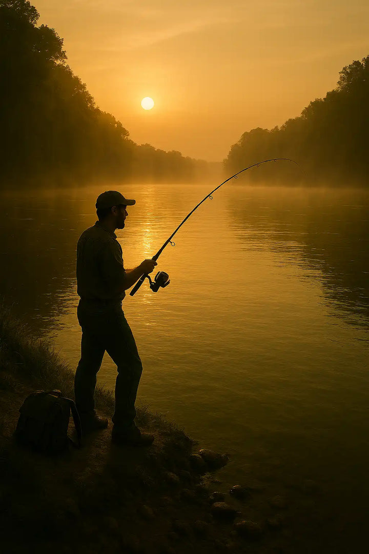 Angler casting on a misty river at sunrise, enjoying a peaceful and clean fishing environment