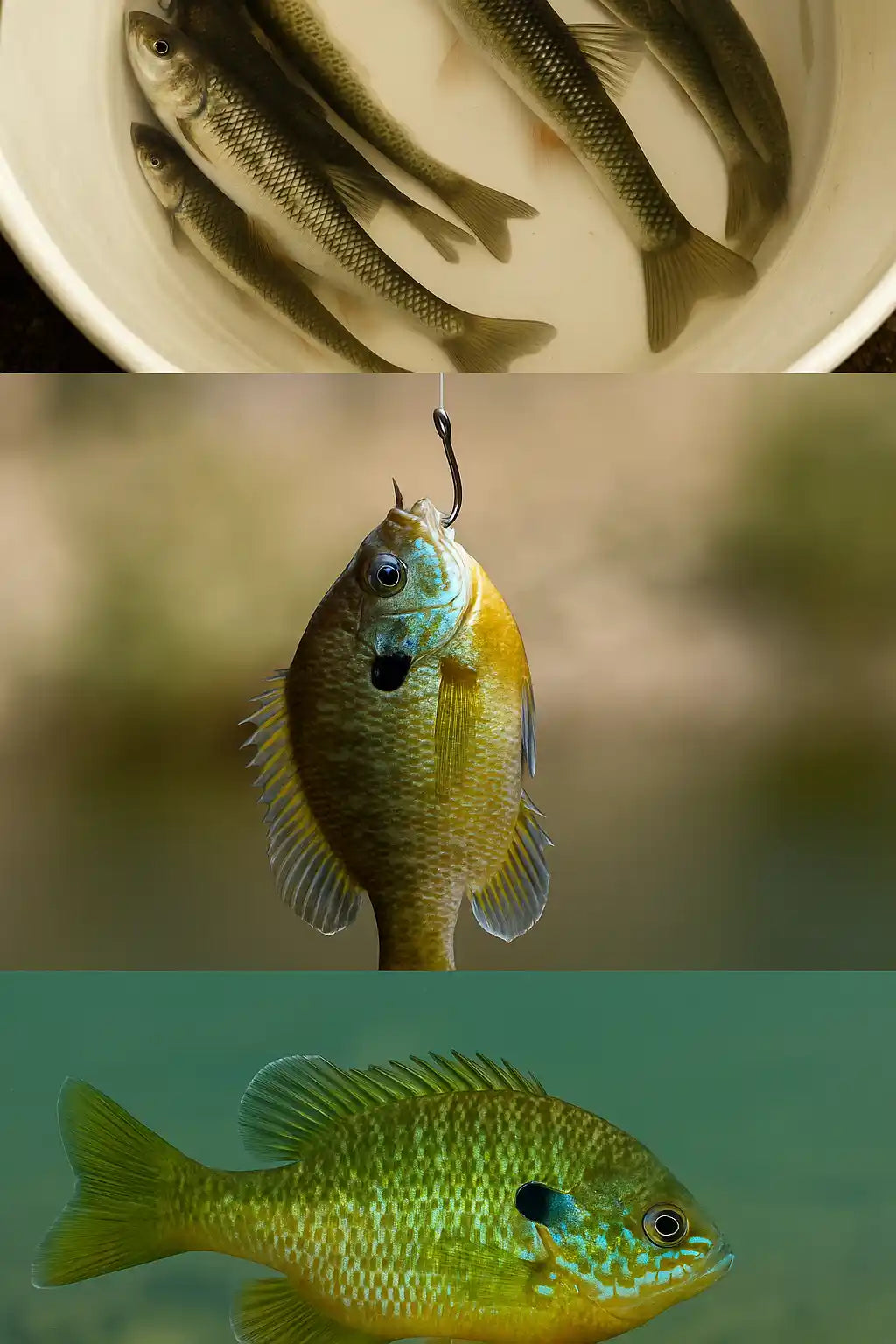 Creek chub and bluegill in a bucket used as live bait for targeting trophy flathead catfish.