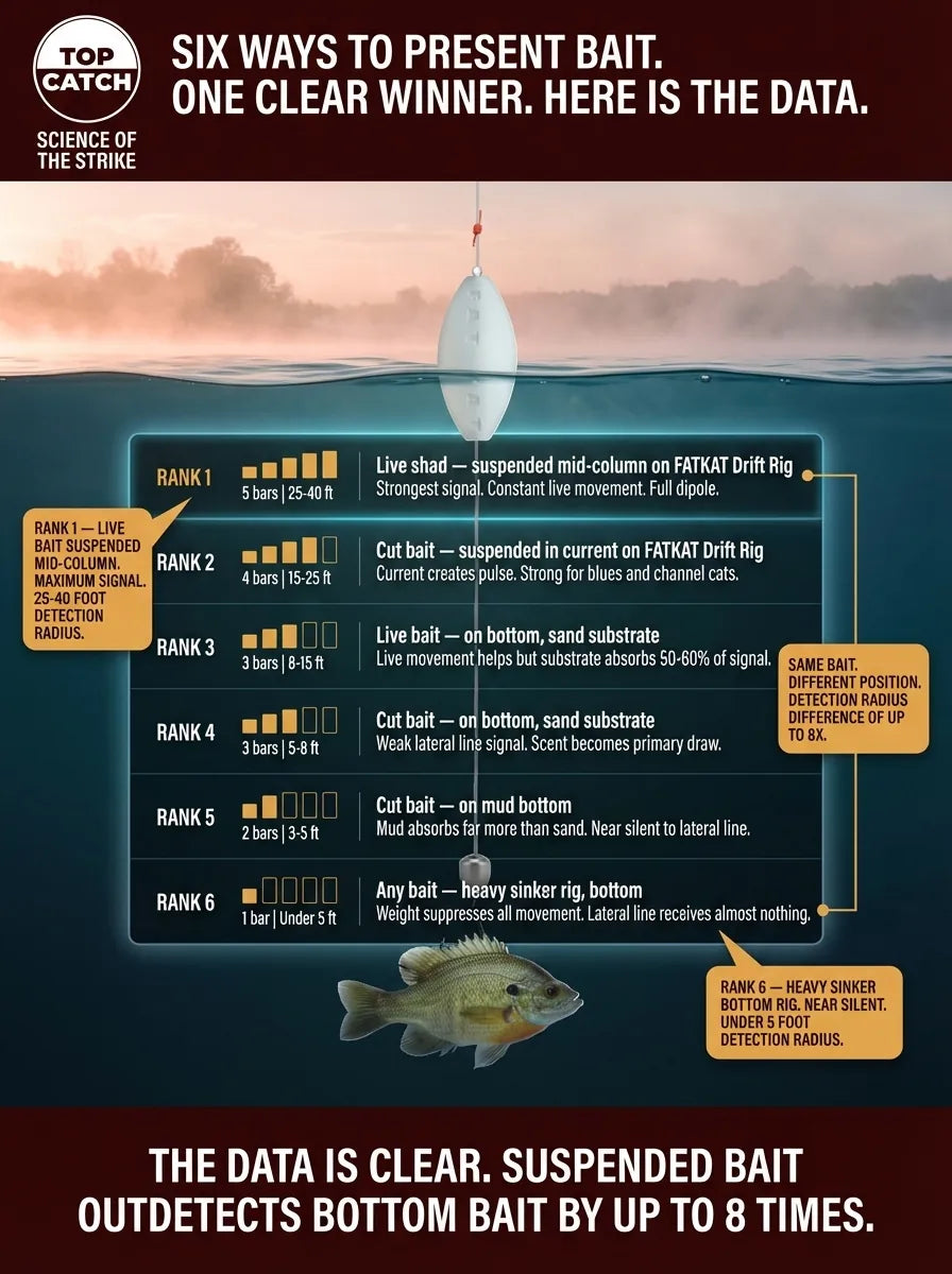 Catfish bait presentation signal strength guide ranking six setups by lateral line detection radius from strongest to weakest.