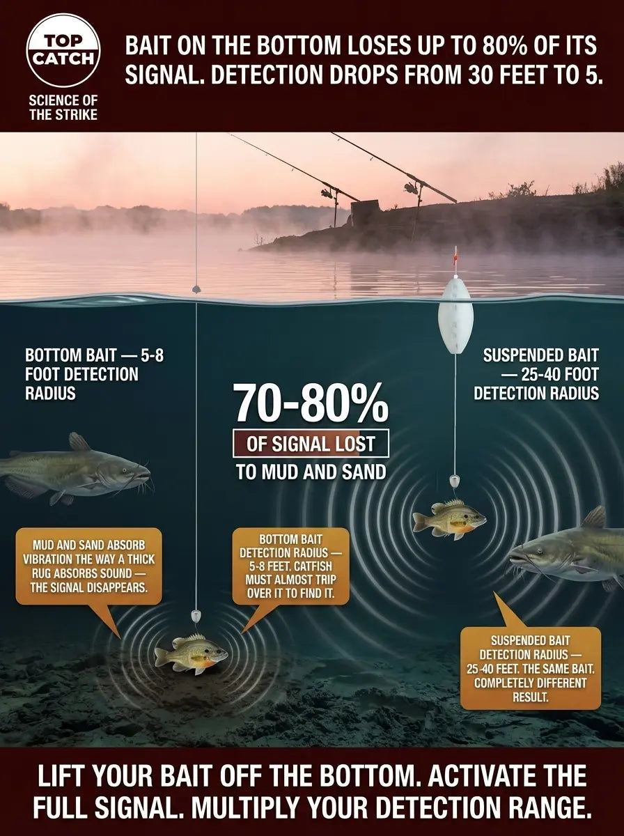Catfish vibration signal loss diagram showing bottom bait detection range versus suspended bait for river catfish fishing.