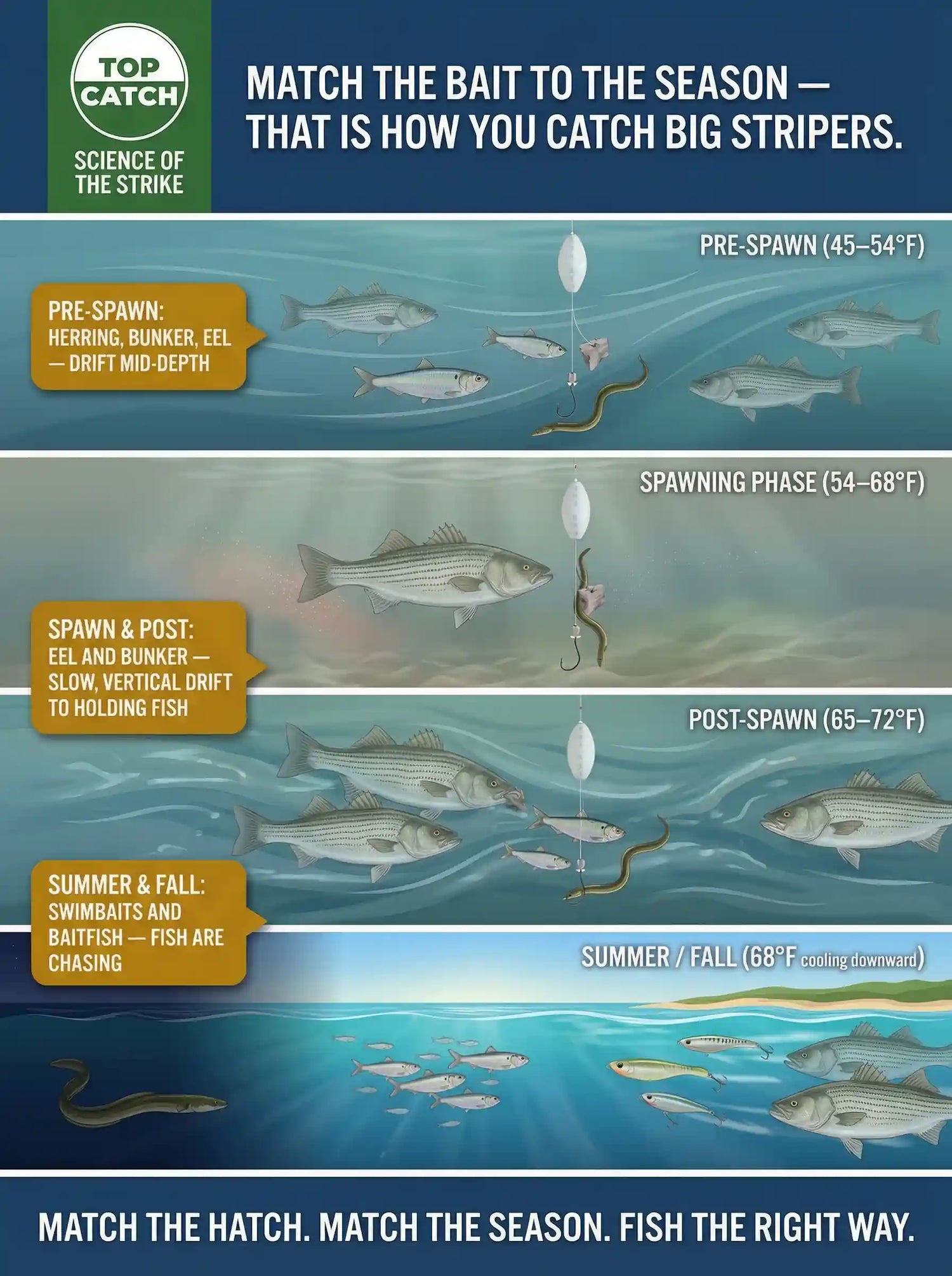 Infographic shows best striped bass bait by season, from spring river herring and eels to summer and fall bunker and night eel fishing.