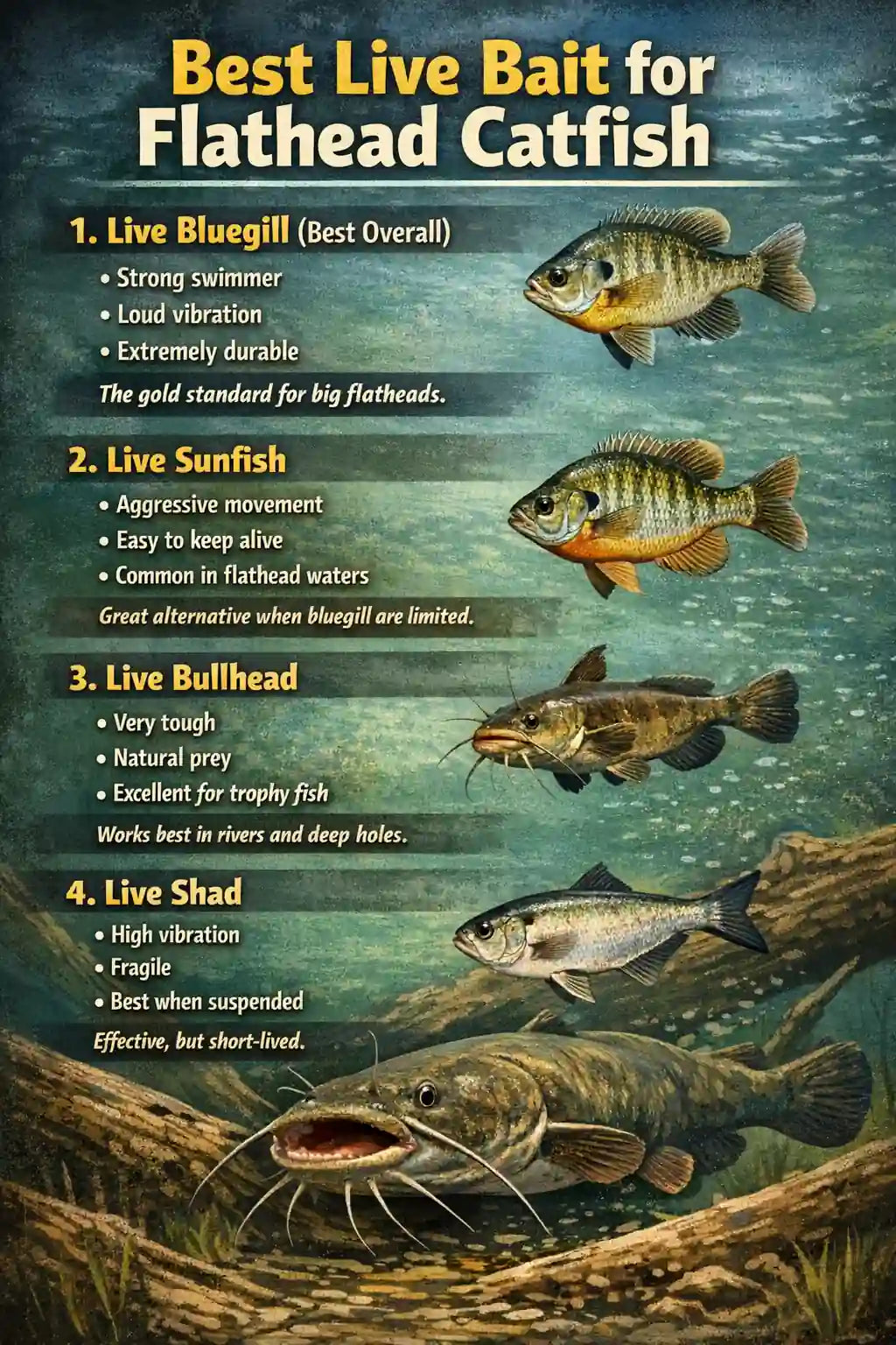 Bluegill, sunfish, bullhead and live shad are the best live baits for flathead catfish