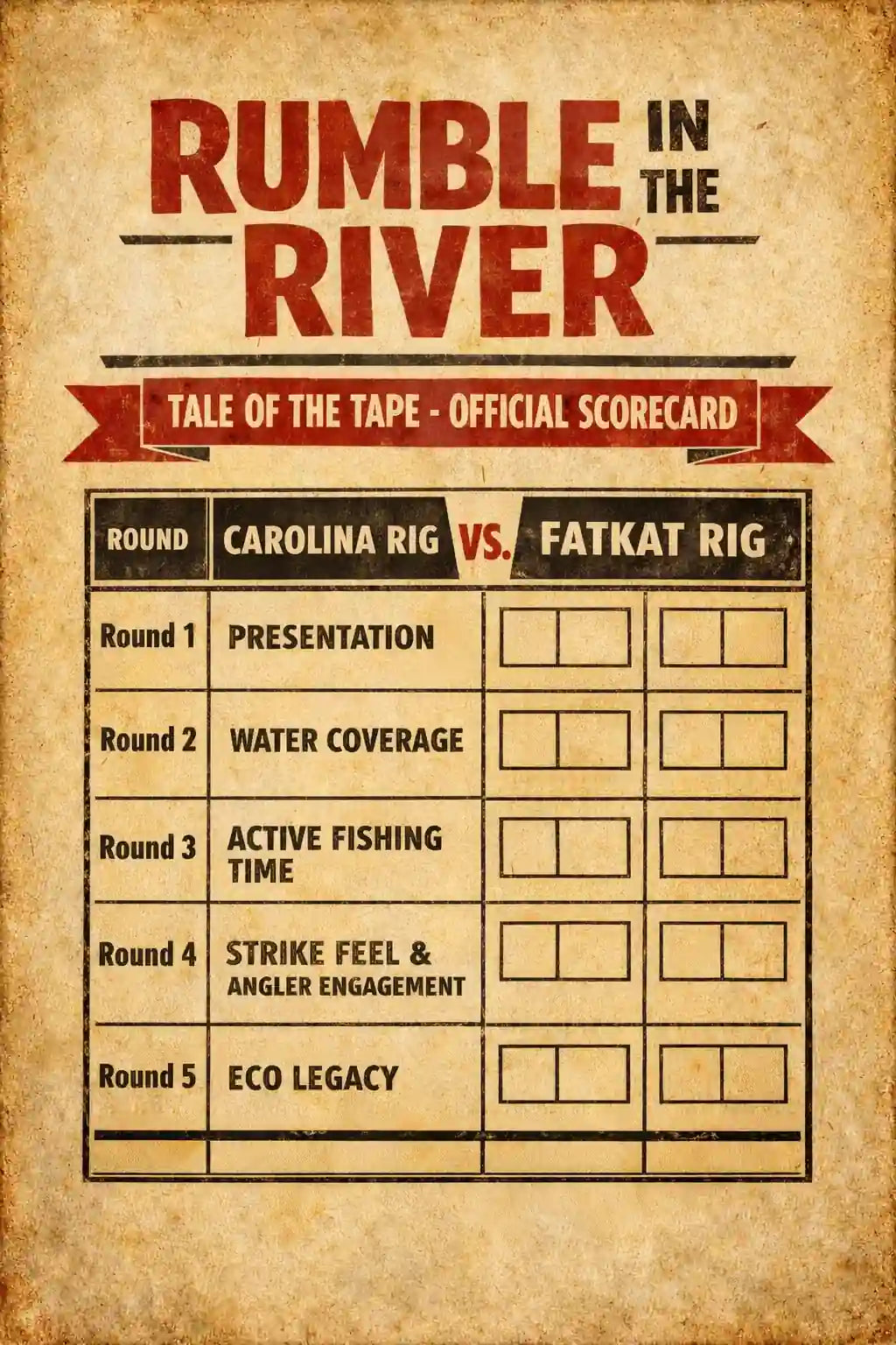 Vintage boxing-style scorecard titled “Rumble in the River” comparing the Carolina Rig vs the FATKAT Rig across five rounds: presentation, water coverage, active fishing time, strike feel, and eco legacy.