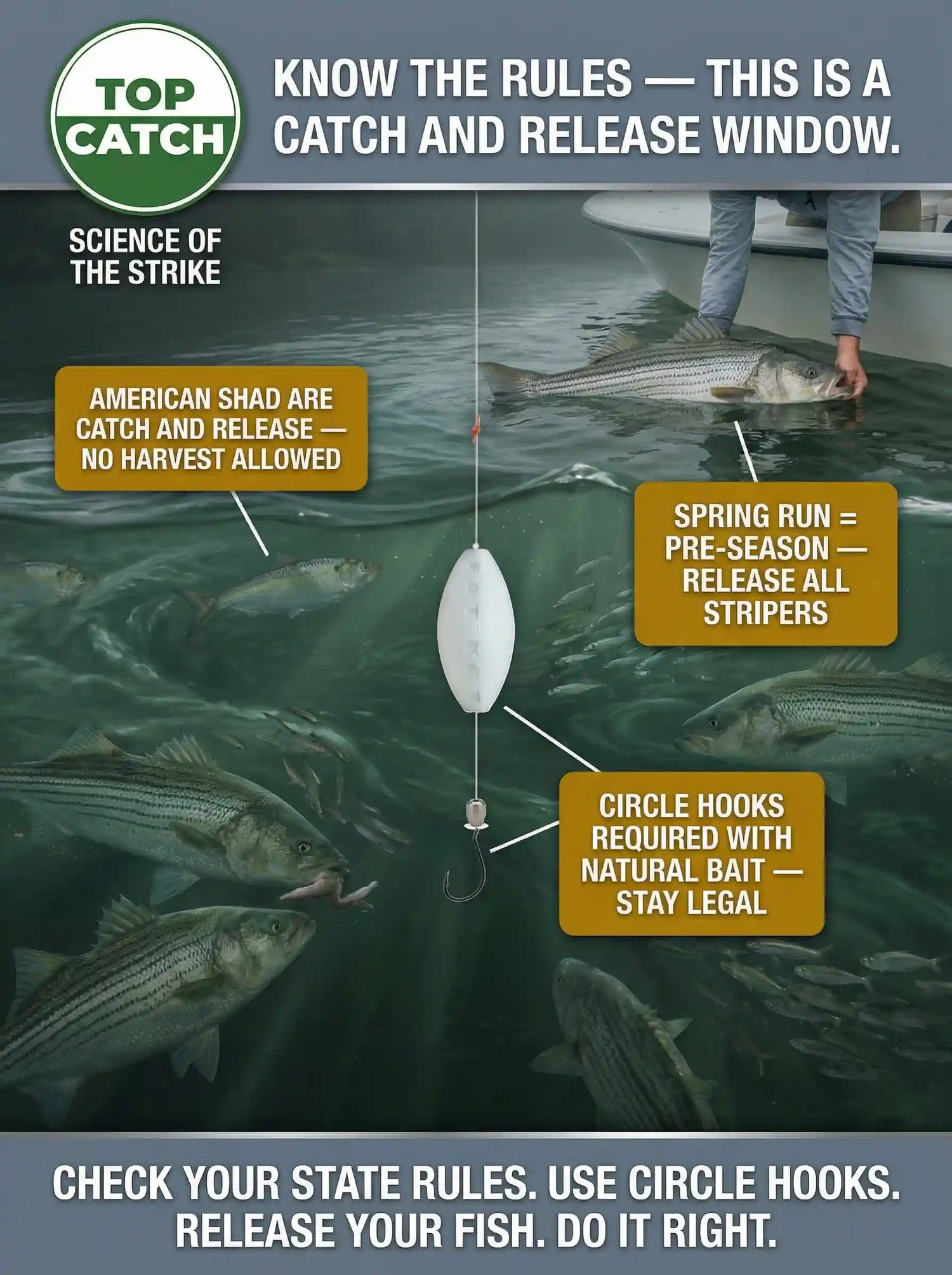 Angler releases striped bass during spring run as fish feed in current; circle hook rig shown for legal, catch-and-release fishing.