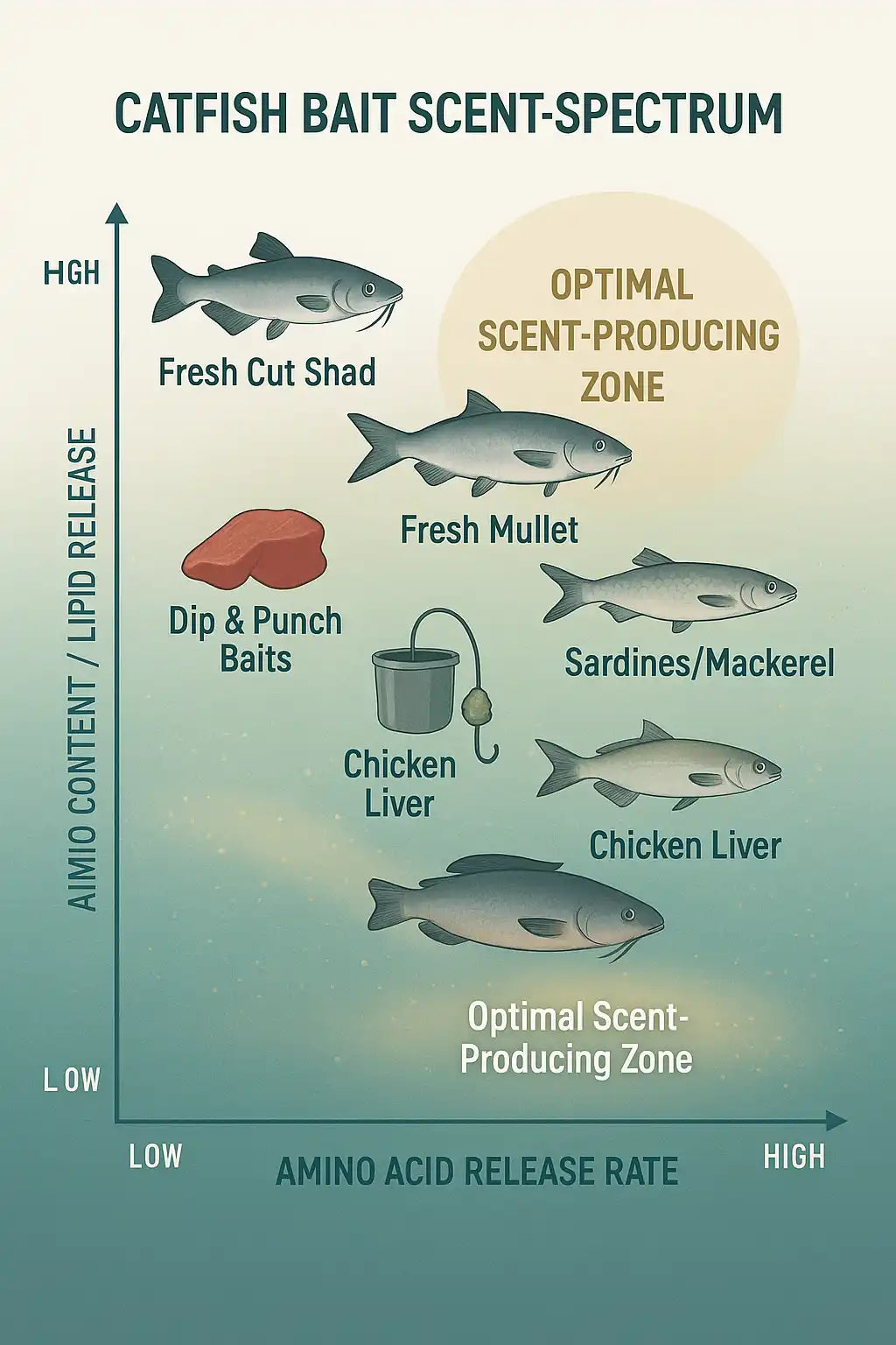 Imagery illustrating the top producing scent baits for fishing and attracting catfish shown on a grid of amino acid content and release rate