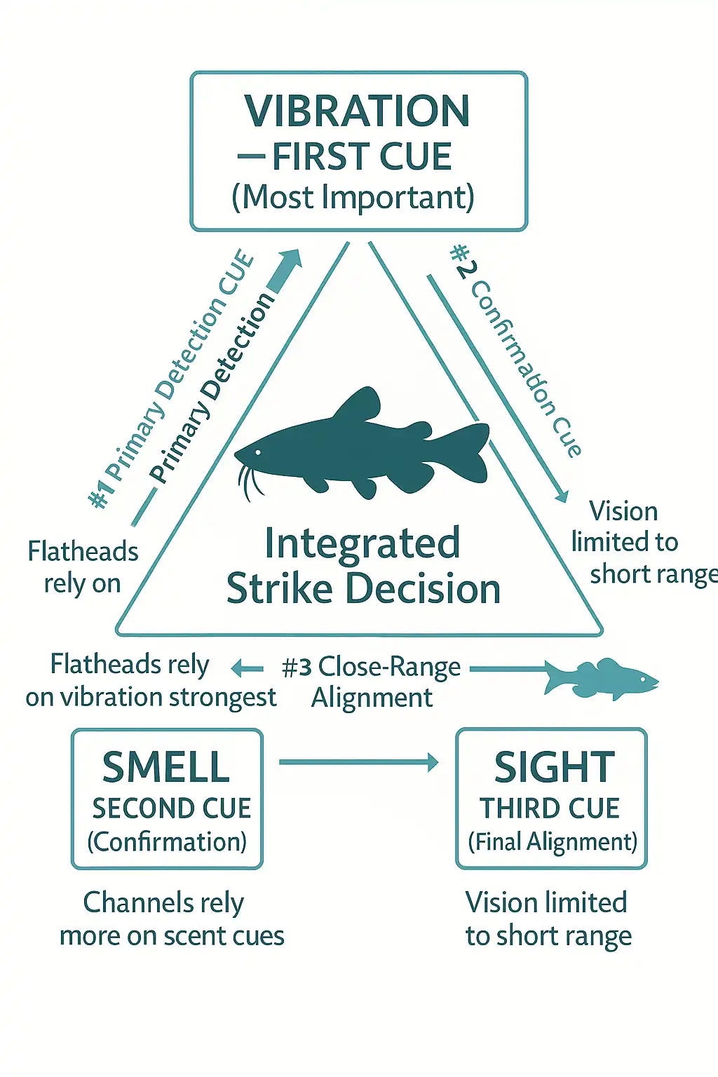 Chart depicting a catfish's integrated sensing that depends on Vibration, Smell and then sight