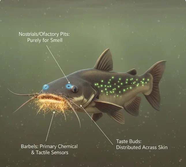Image showing a catfish with barbels, nostrils, and taste bud locations highlighted to show its chemoreception system.
