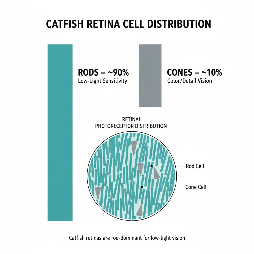 Scientific infographic comparing rod and cone cells in a catfish retina, showing a tall bar for rods (~90%), a short bar for cones (~10%), and an inset diagram of rod-dense retinal photoreceptors.