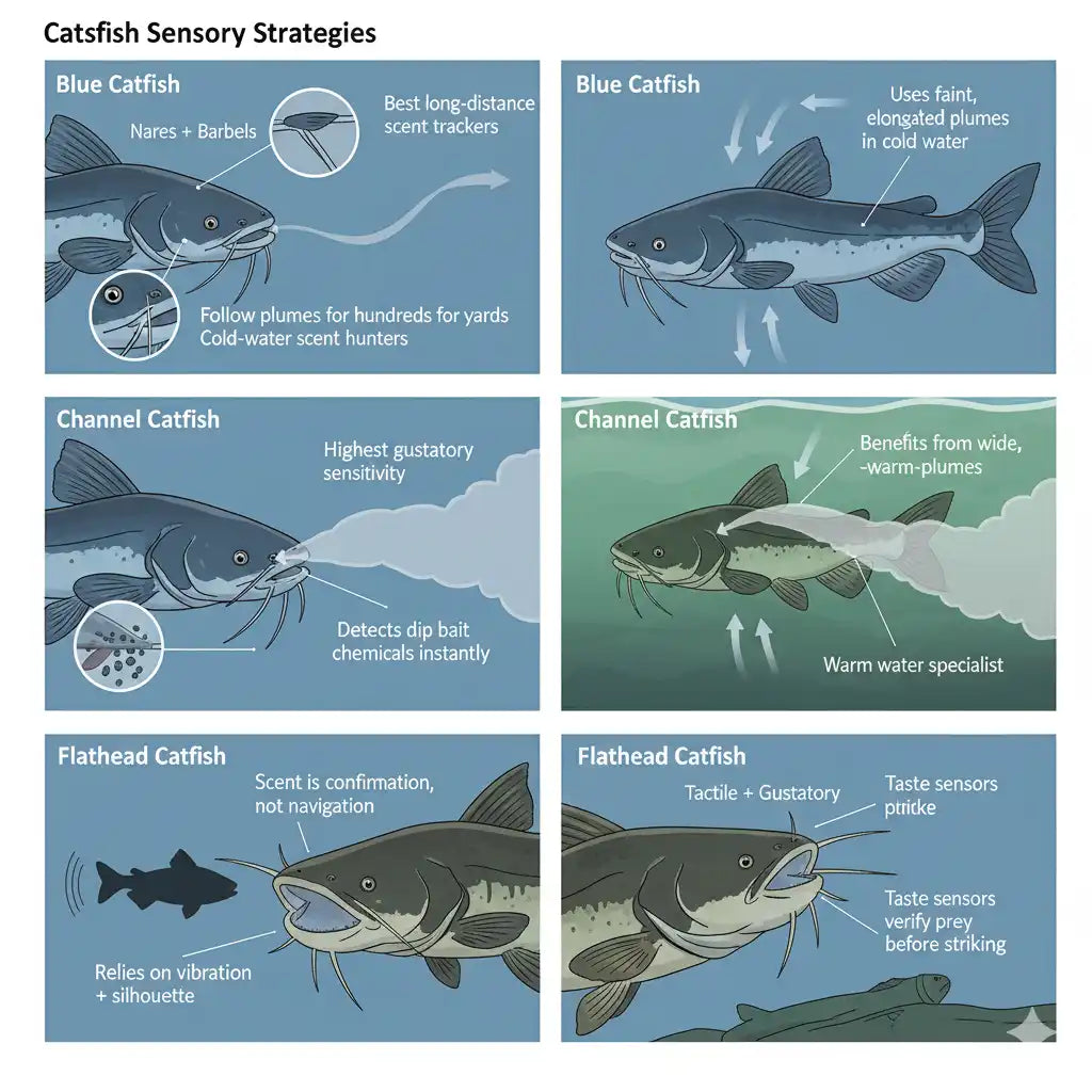 Image showing how various catfish species utilize scent, as either their primary scent or confirming scent strategy