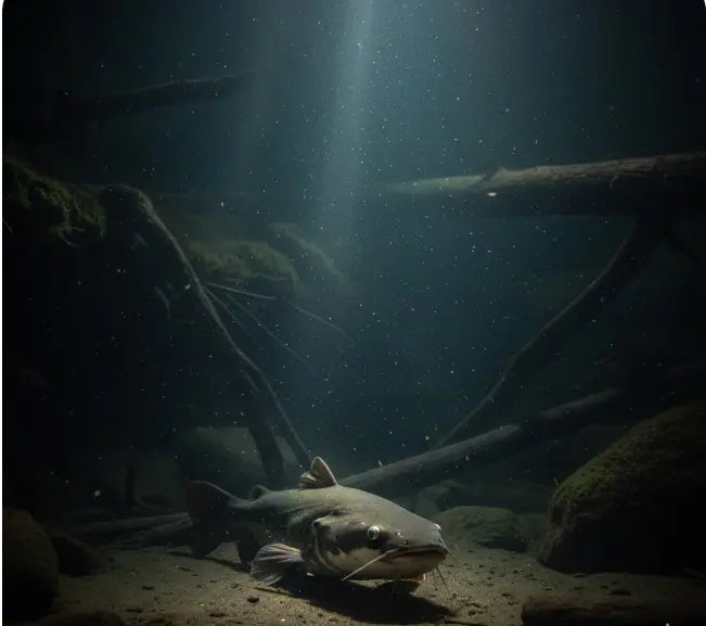 Underwater night scene showing a catfish with faint eyeshine navigating a dark river bottom