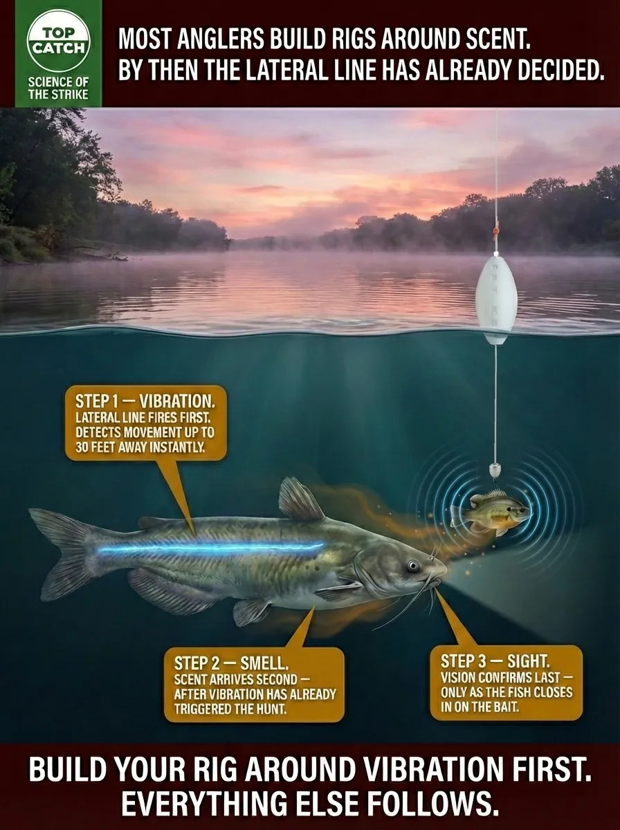 Catfish lateral line biology diagram showing vibration detection fires before smell in three step sequence for river fishing.