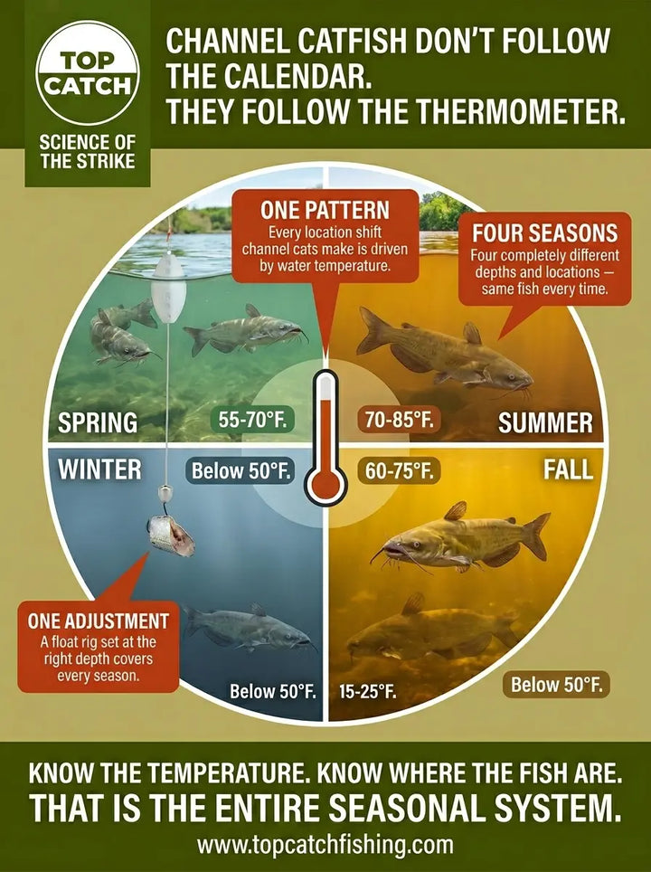 Channel catfish seasonal location overview showing water temperature driving depth and feeding zone across all four seasons.