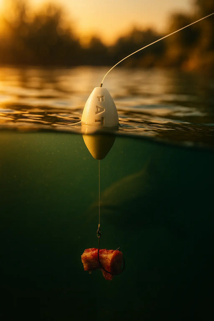 Blue catfish swimming above the river bottom in a flowing river, illustrating how they feed using smell and vibration with bait suspended in mid column