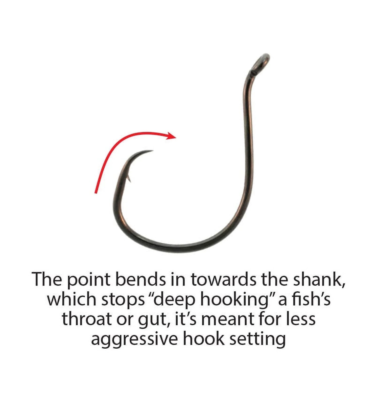 Close-up of a safe-release circle hook showing the bend of the shank with text overlayed saying:  "The point bends in towards the shank, which stops "deep hooking"  a fish's throat or gut, it's meant for less aggressive hook setting"