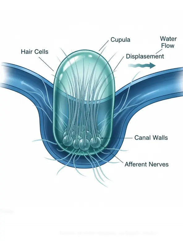 Close-up anatomical illustration of a catfish neuromast showing hair cells and the cupula used for vibration detection.