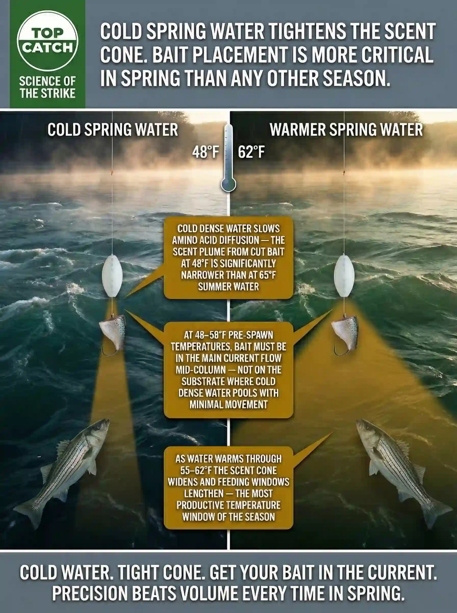 Science of the Strike infographic showing how cold spring water temperature suppresses striped bass scent cone dispersal — side-by-side comparison of narrow 48°F scent plume versus wider 62°F scent plume from cut bait on drift rig, with precision mid-column placement emphasis.