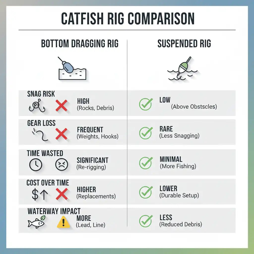 Comparison of bottom dragging rigs versus suspended rigs for sustainable recreational fishing