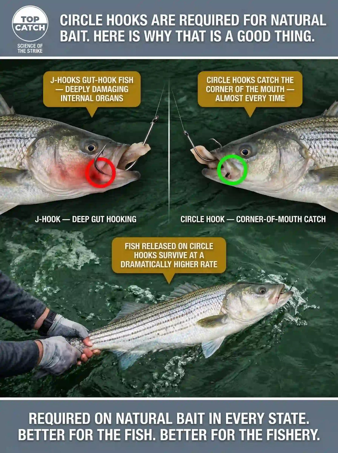 Circle hook vs J-hook comparison for striped bass showing why circle hooks are required on natural bait in East Coast tidal rivers.
