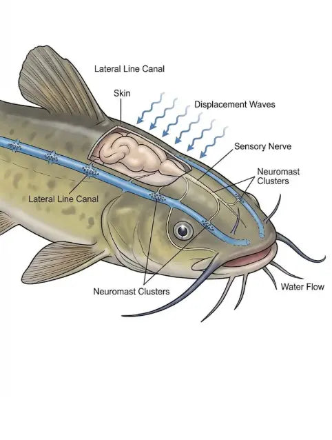 Diagram of the catfish lateral line system showing head canals and neuromast placement for detecting vibration.