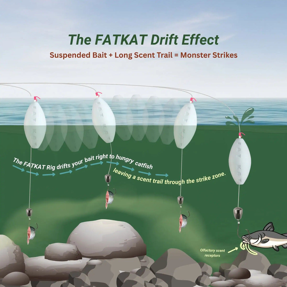 An image showing how drifting bait leaves a scent trail, that signals to fish across a large area
