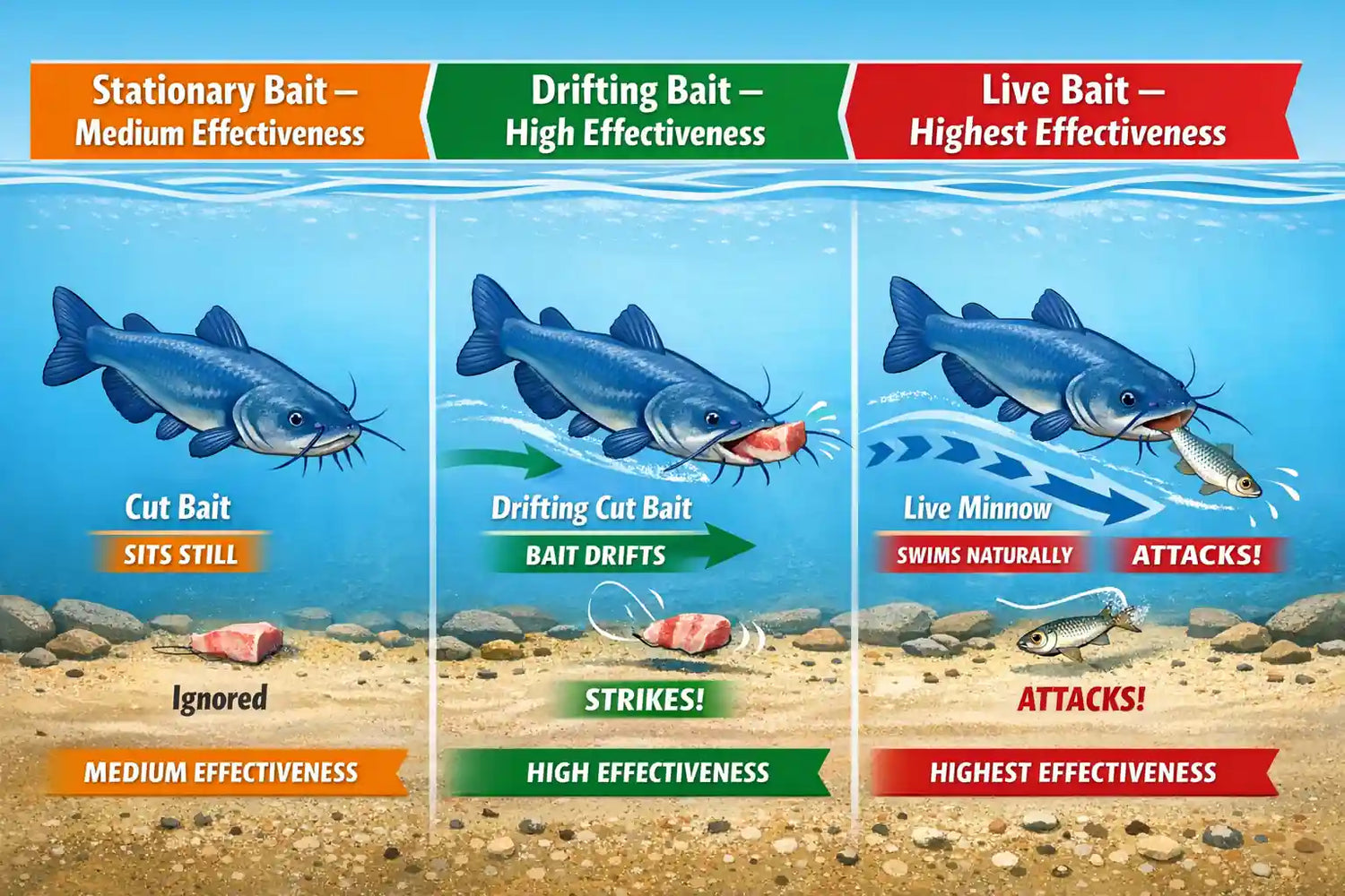 infographic showing Blue catfish striking a drifting bait while ignoring stationary bait on the bottom, demonstrating how movement triggers feeding via lateral line detection