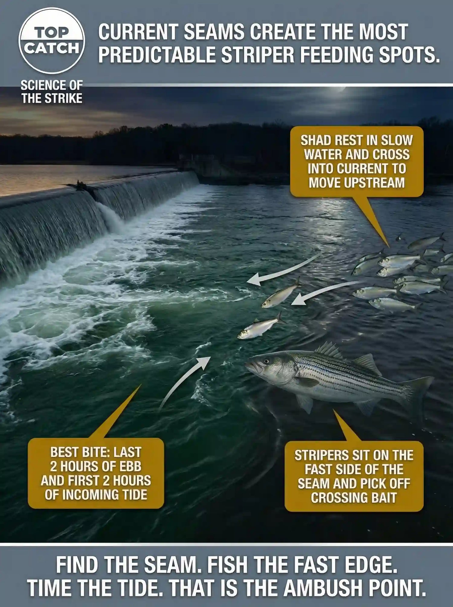 Striped bass holds in fast water along a current seam below a dam, striking bait crossing from slow eddy into moving current.