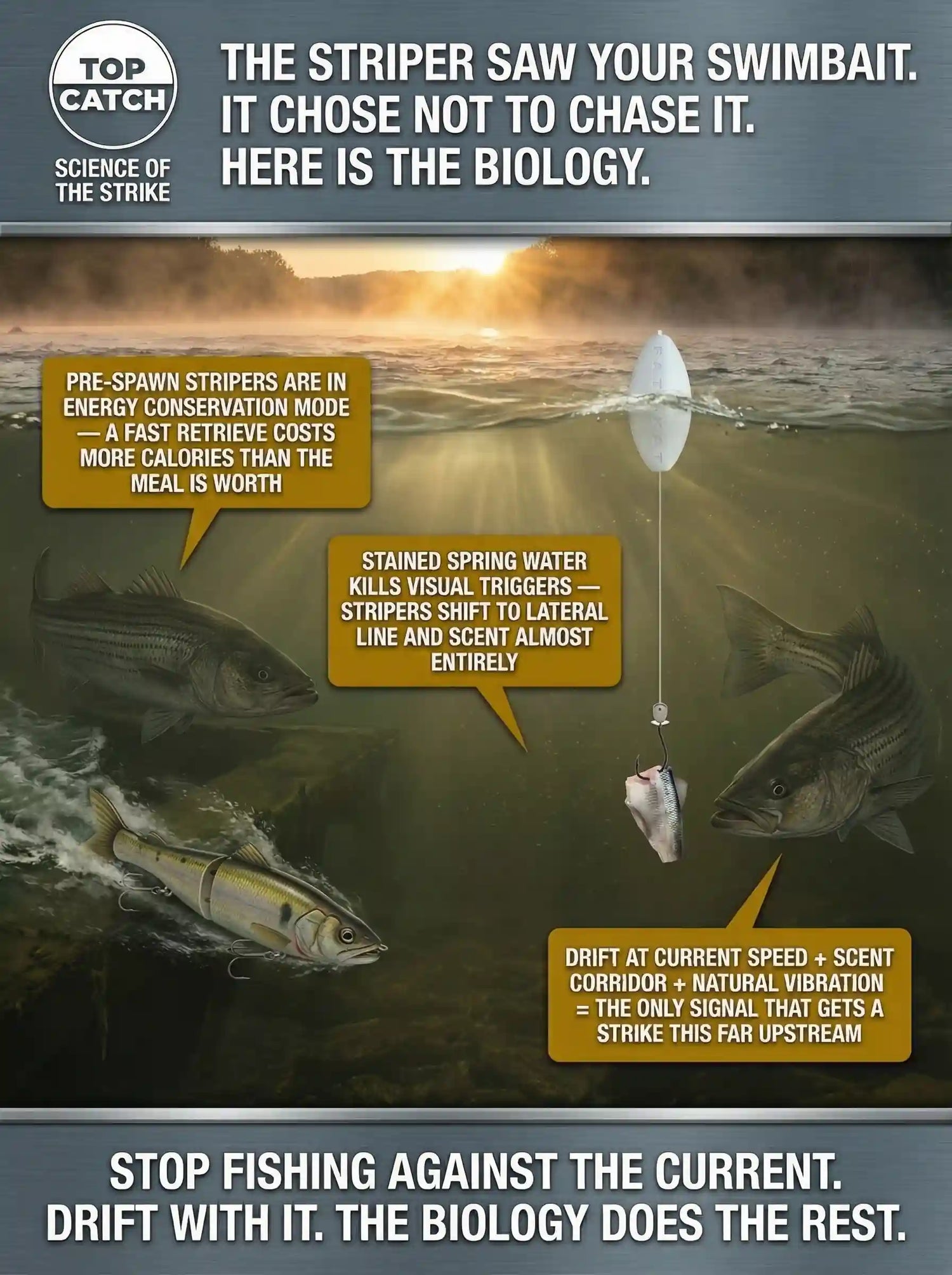 Infographic contrasting why swimbaits fail during the spring tidal river run versus why the FATKAT Drift Rig triggers strikes, showing a pre-spawn striper ignoring a fast-retrieved swimbait and turning to intercept a naturally drifting cut shad presentation in murky spring current.