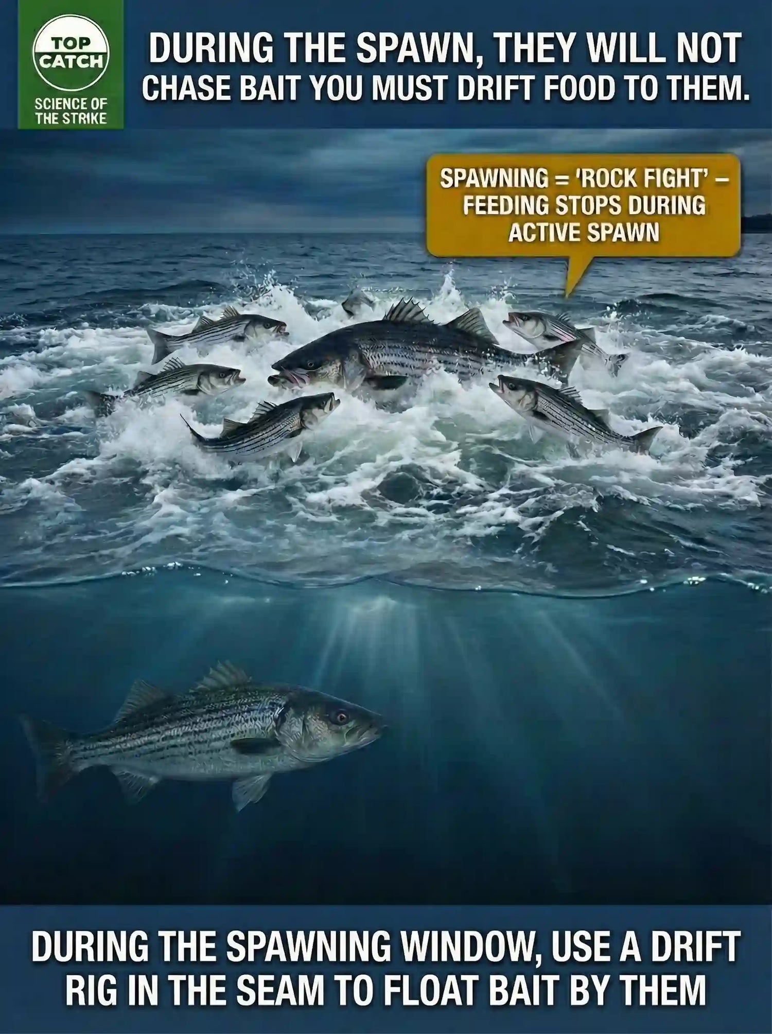 Striped bass spawning at surface while a large female holds nearby and takes bait drifting naturally through the current.