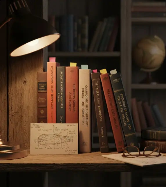 An old bookshelf displaying scientific books on hydrodynamics, fish acoustics, compound signaling, and precision fishing engineering.