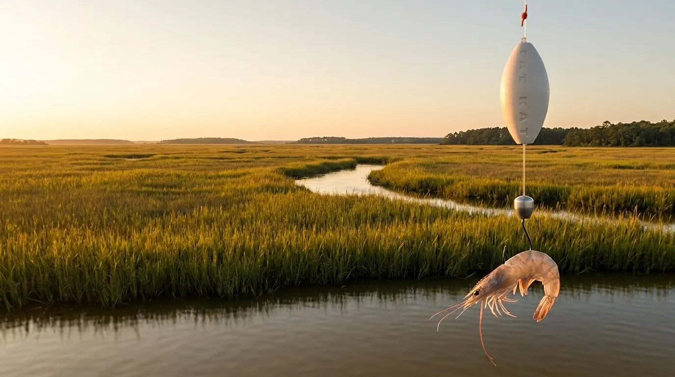 A FATKAT RIG with eco friendly FATKAT Bobber, lead free sinker and Circle Hook ready to cast for red drum over the tidal marshes of South Carolina