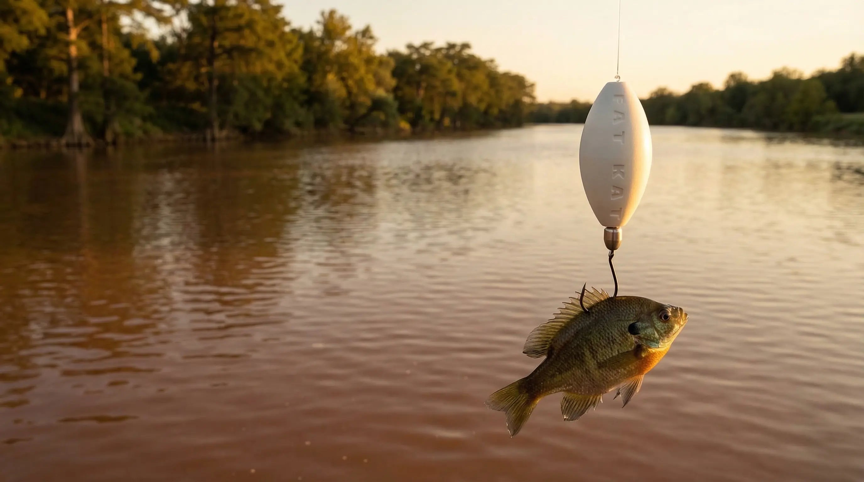 Sustainable Fishing Gear like the FATKAT drift rig above a Texas river during the golden hour