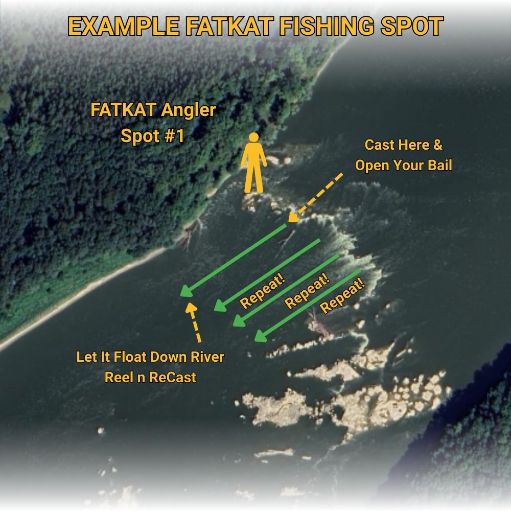 Satellite map view showing river bends, channels, and seams where encounter based fishing, where you drift your bait past the fish versus expecting them to find it