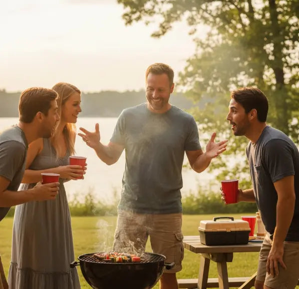 An angler gathers around friends at a barbeque telling the story of the huge catfish he caught with the FATKAT Drift Rig