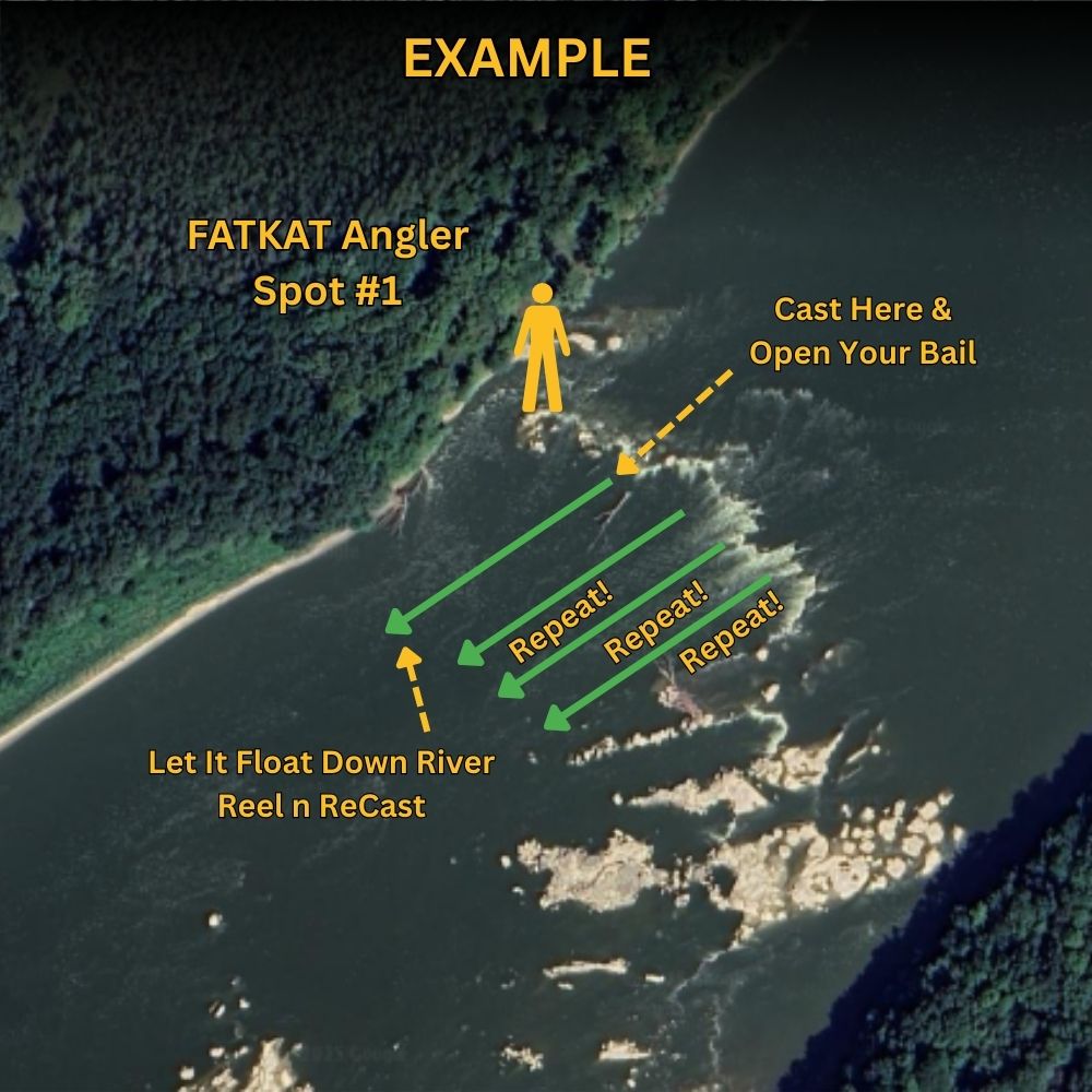 Overhead image of a river bend showing where to cast to catch blue catfish near current seams and structures, showing typical feeding locations
