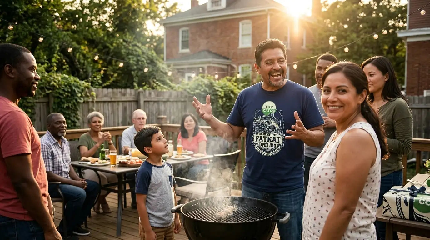 Father telling a tale of the large fish he caught with the FATKAT Drift Rig at a Father's Day BBQ while his family and friends listen in