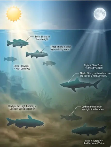 Image showing the strength of a catfish as a dim light freshwater predator compared to other fish who do not fare as well detecting prety in dark environments