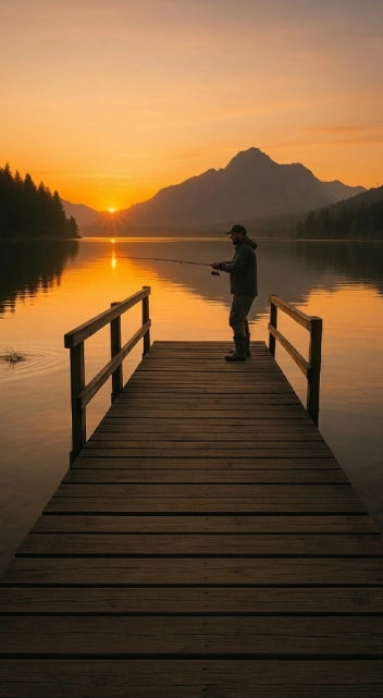Recreational angler on a lake dock using sustainable fishing gear with eco-friendly bobber and lead-free sinker.