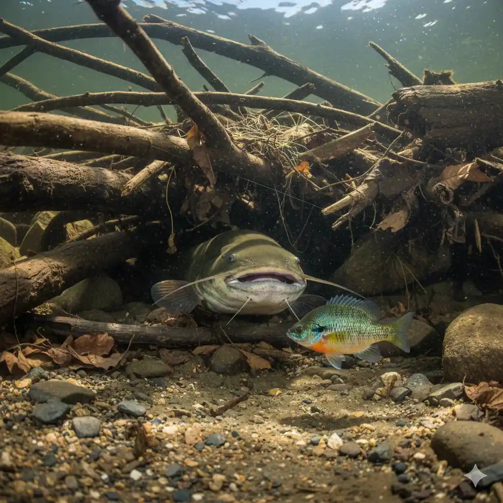 Flathead hiding in structure while bluegill swims by