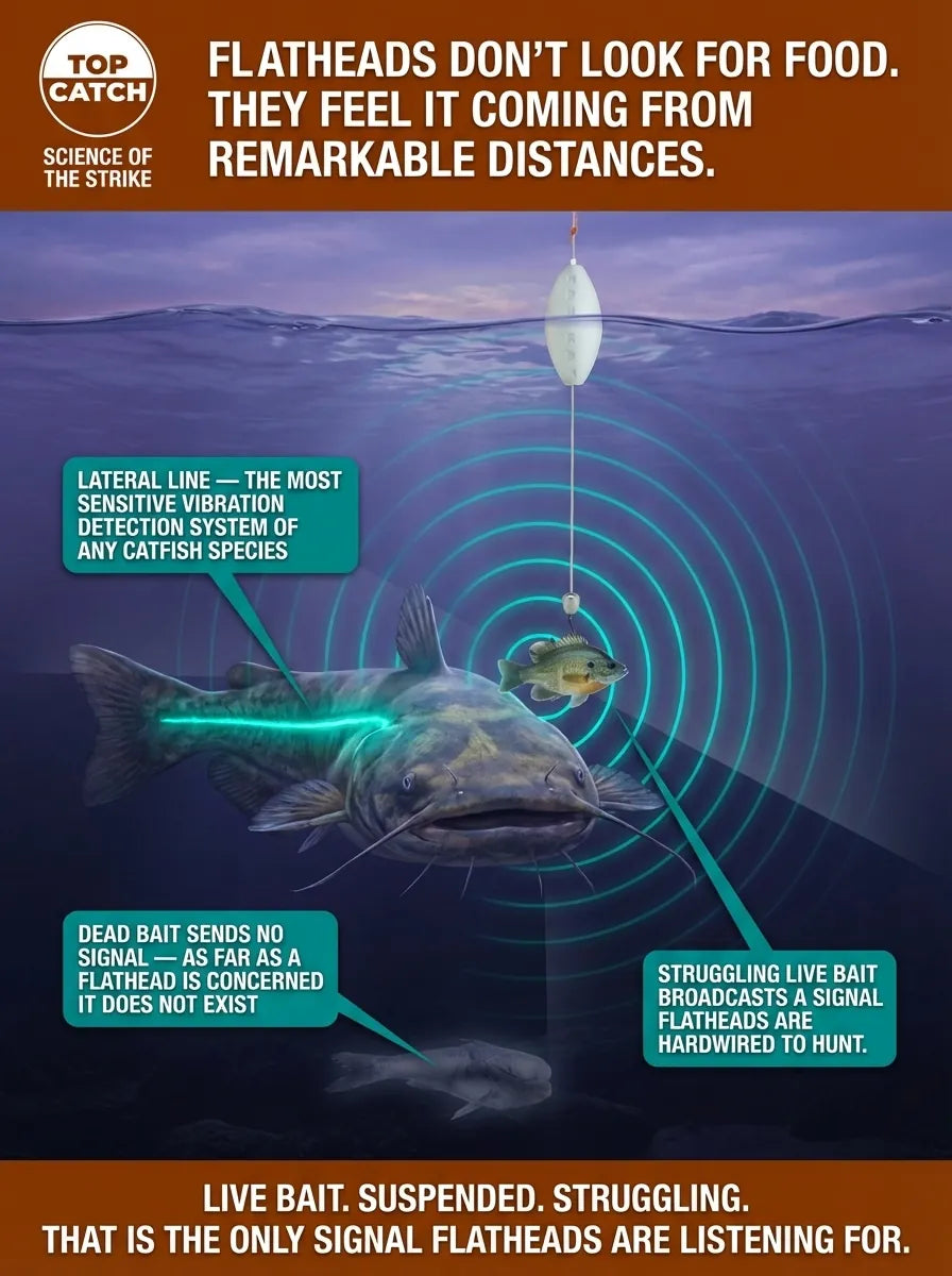 Flathead catfish lateral line detection diagram showing how live bluegill on a drift rig triggers vibration hunting instinct in rivers