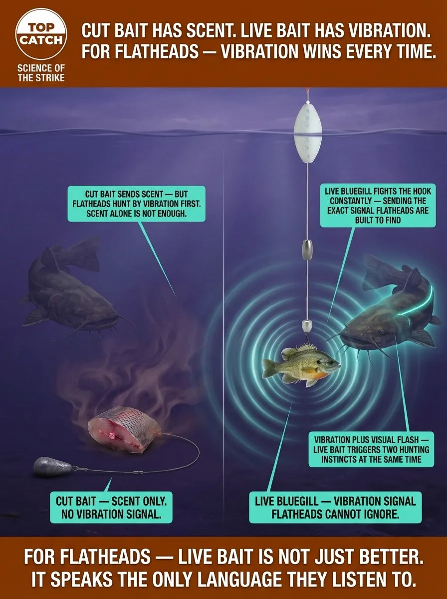 Live bluegill vs cut shad comparison for flathead catfish showing why vibration signal from live bait triggers strikes that cut bait cannot.