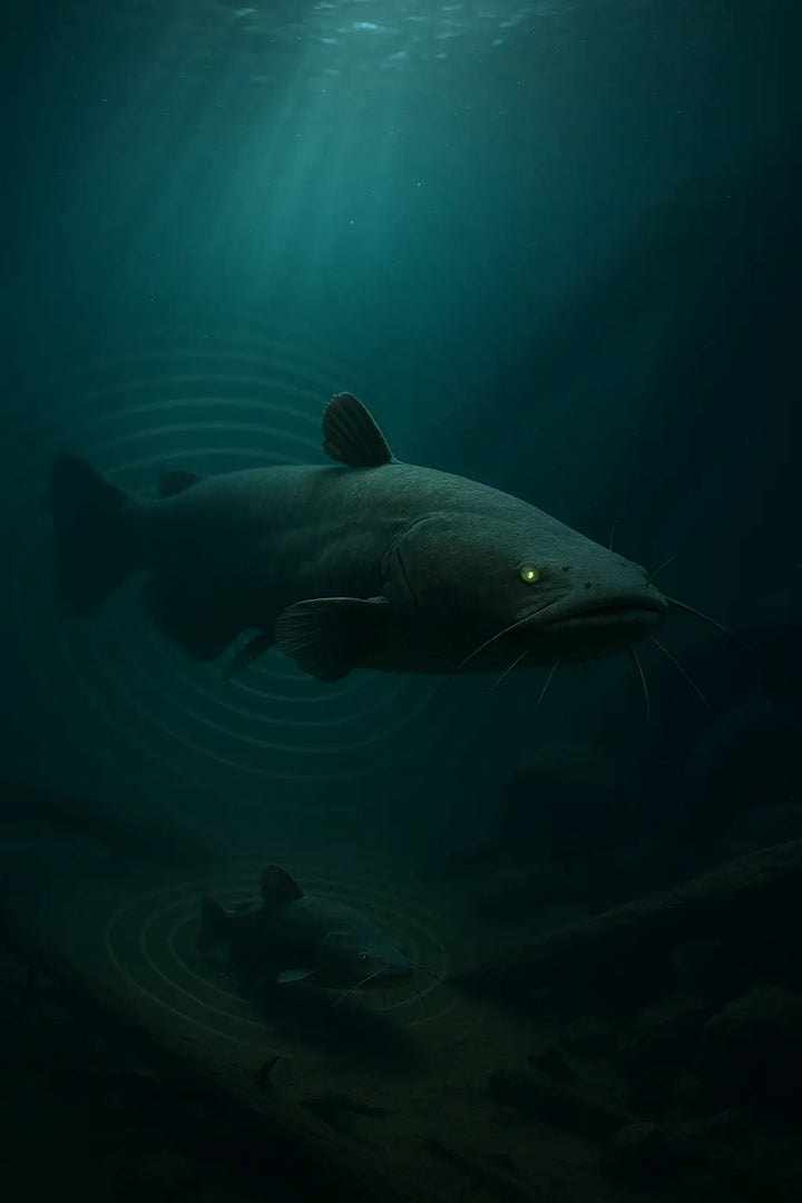 Cinematic underwater scene of a catfish in dim light, suggesting how catfish see in dark river channels