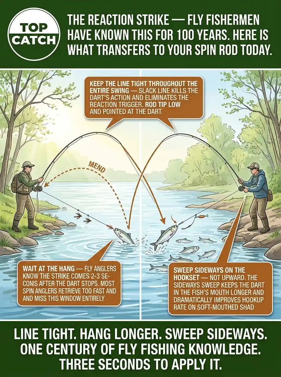 The Reaction Strike infographic showing four fly fishing techniques that transfer directly to shad fishing with a spin rod — line tension during the swing, extended hang time, sideways hookset, and upstream mend — with fly angler and spin angler shown applying identical wet fly swing mechanics on opposite banks of a tidal river with hickory shad near the surface.