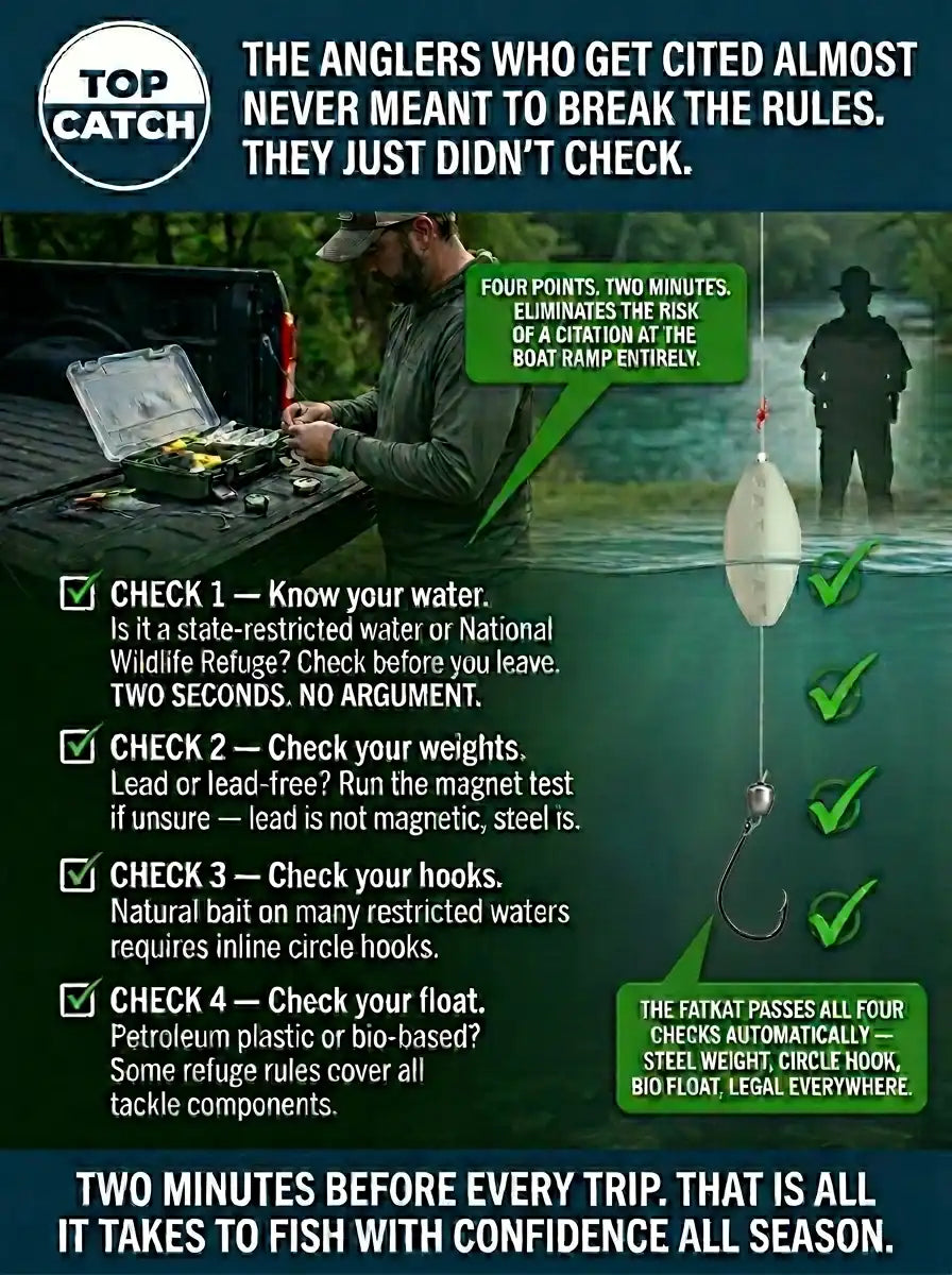 an infographic showing a quick 4 step check list to review prior to heading to national wildlife refuge for a fishing trip