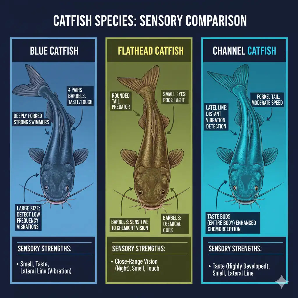 infographic depicting the sensory strengths of blue catfish, flathead catfish and channel catfish