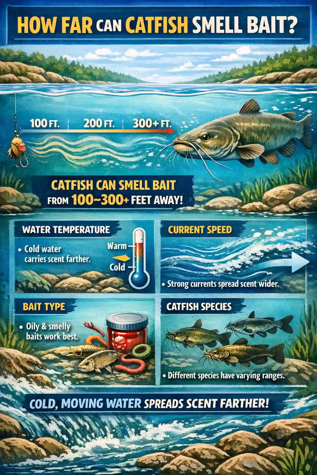 infographic showing how far catfish can smell bait and the variables such as water temperature, current speed, bait type and catfish species impact the results