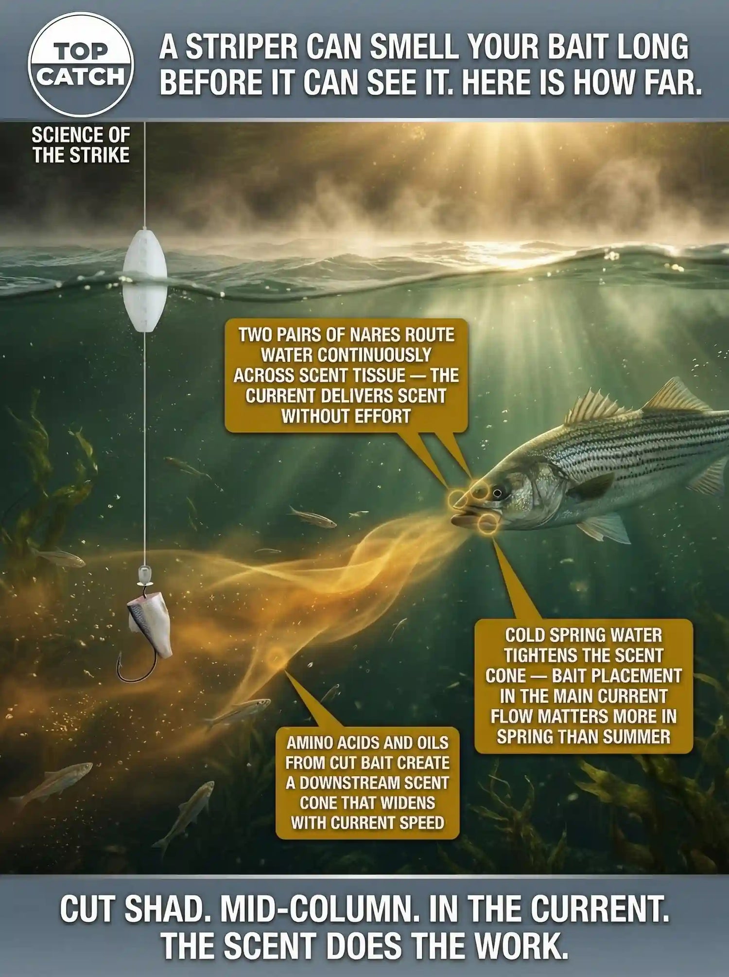 Science of the Strike infographic showing how a striped bass detects cut bait through its olfactory system in tidal current — scent cone dispersal downstream from a mid-column drift rig presentation with striper orienting toward the source from distance.