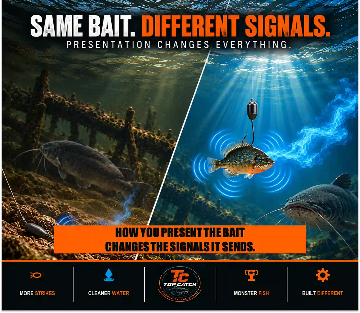 Image of the silhouette of bait moving through a river strike zone with scent and vibration signals.
