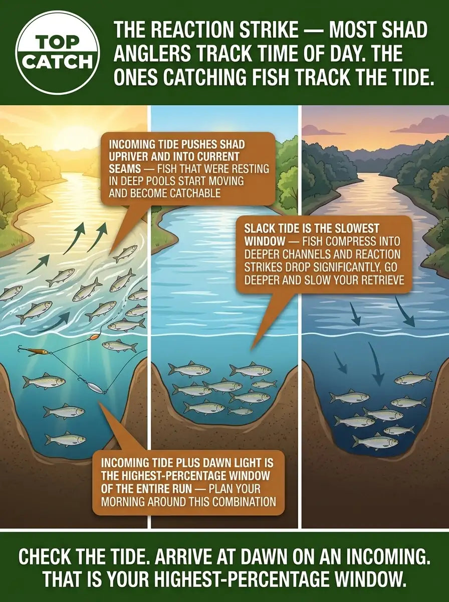 The Reaction Strike infographic showing how tidal phase controls shad movement and bite windows in a tidal river — three-panel comparison of incoming tide with active hickory near the surface and American shad moving upriver, slack tide with fish compressed deep, and outgoing tide with fish in deep channel positions, with golden dawn light marking the highest-percentage window.